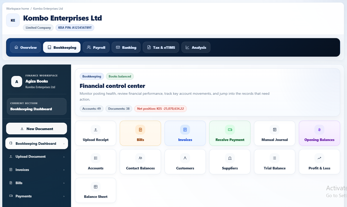 Agiza One business dashboard showing bookkeeping, reports, business workspace and financial overview